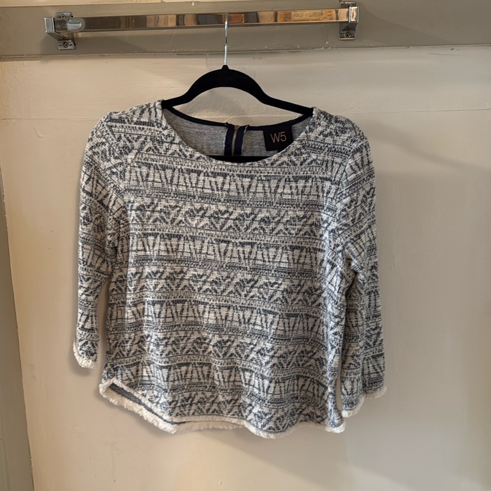 Anthropologie W5 Fringe Blouse, 3/4 Sleeve, Geometric Print